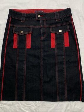 Crest Black Denim Pencil Skirt with Red Trim